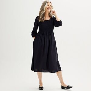Croft & Borrow| Black Midi Dress 3/4 Sleeve Size Medium